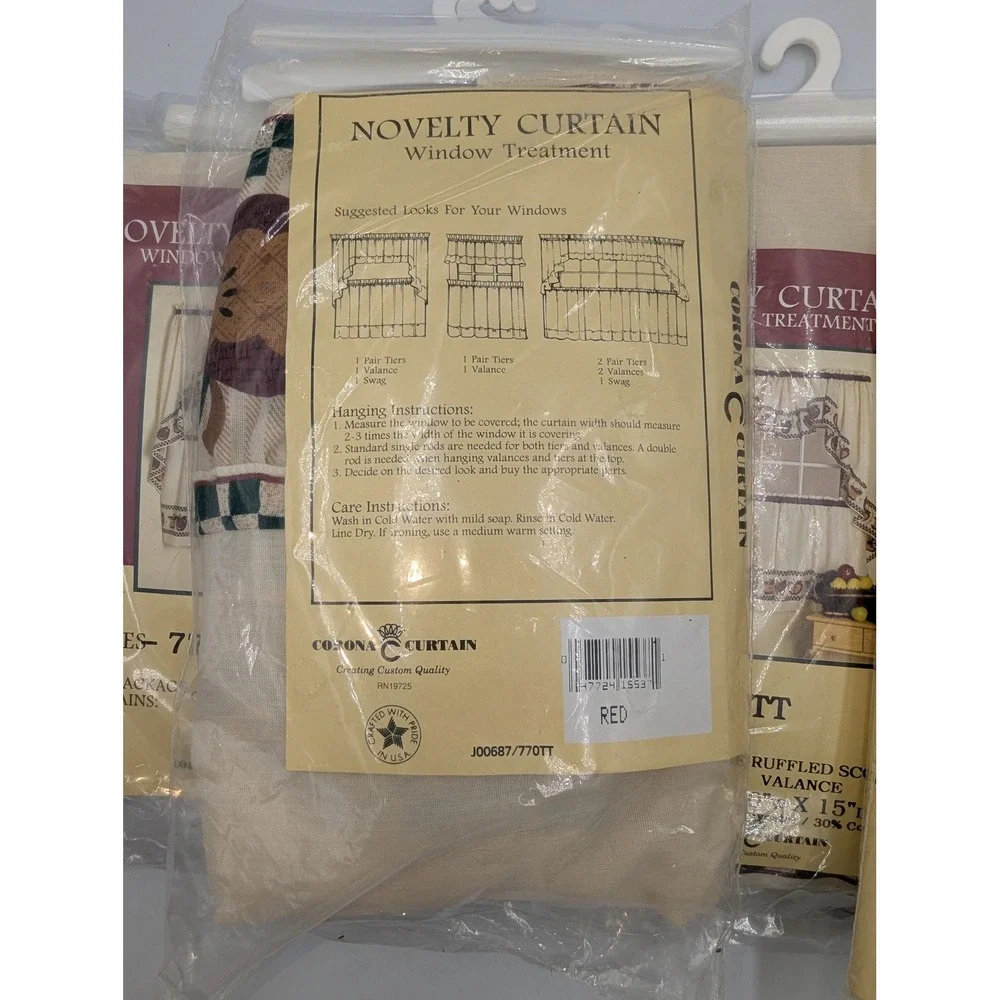Corona Curtain Ruffled Scoop Valance Set 4 Cream Apple Print 50x15 NEW NOS